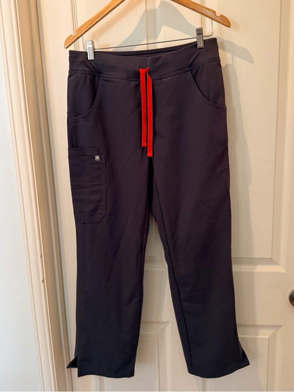 Women Figs Charcoal Grey Drawstring Cargo Scrub Pants with Red drawstring. S/p